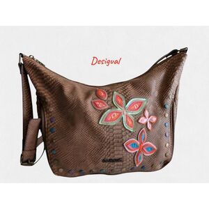 Desigual Fly Patch Somalia Snakeskin Embossed Floral Applique Hobo Bag